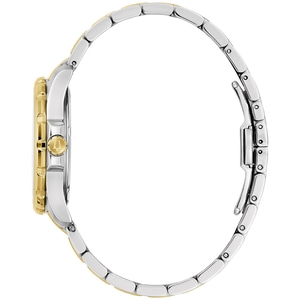Zijaanzicht van gouden en zilveren horloge, elegant ontwerp, detailopname, sieraden