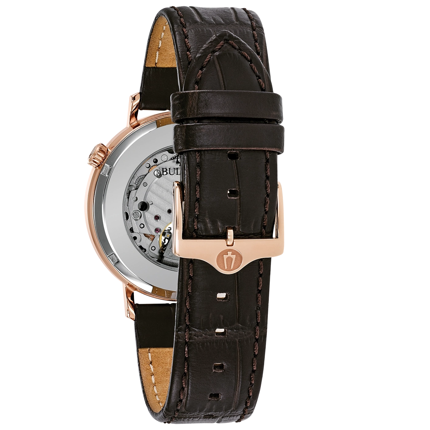 Bruin leren horloge met roségouden kast en open uurwerk