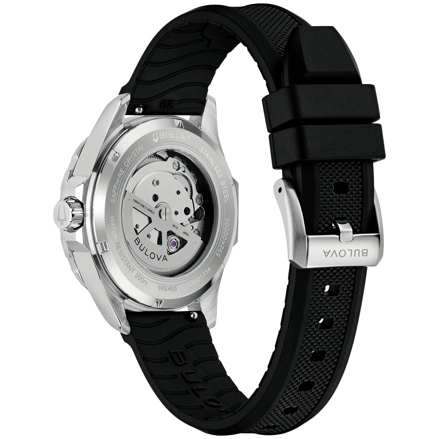 Achterkant van een Bulova automatisch horloge met zwarte rubberen band en zichtvenster.