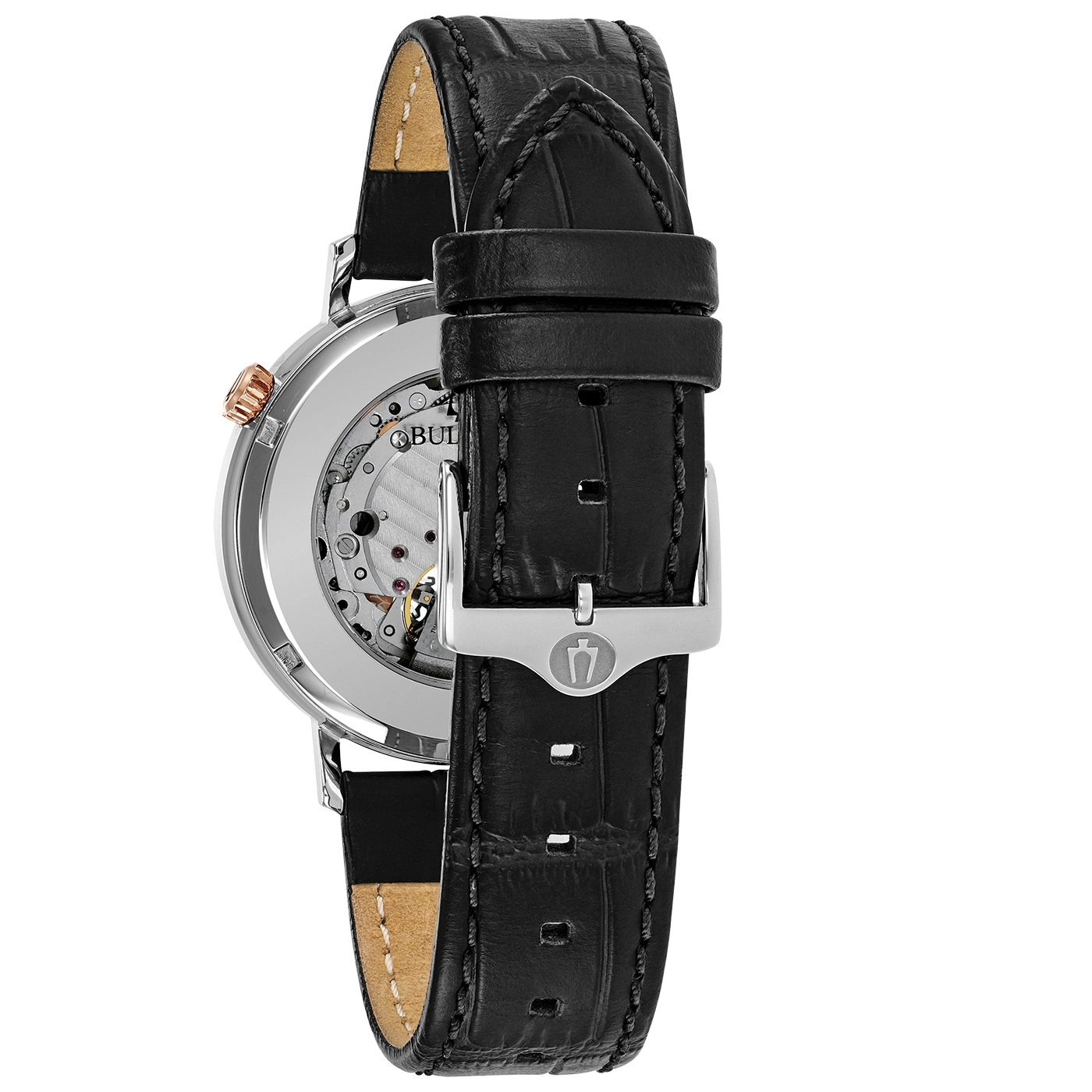 Zwarte horloge met leren band en zilveren gesp, close-up detailopname