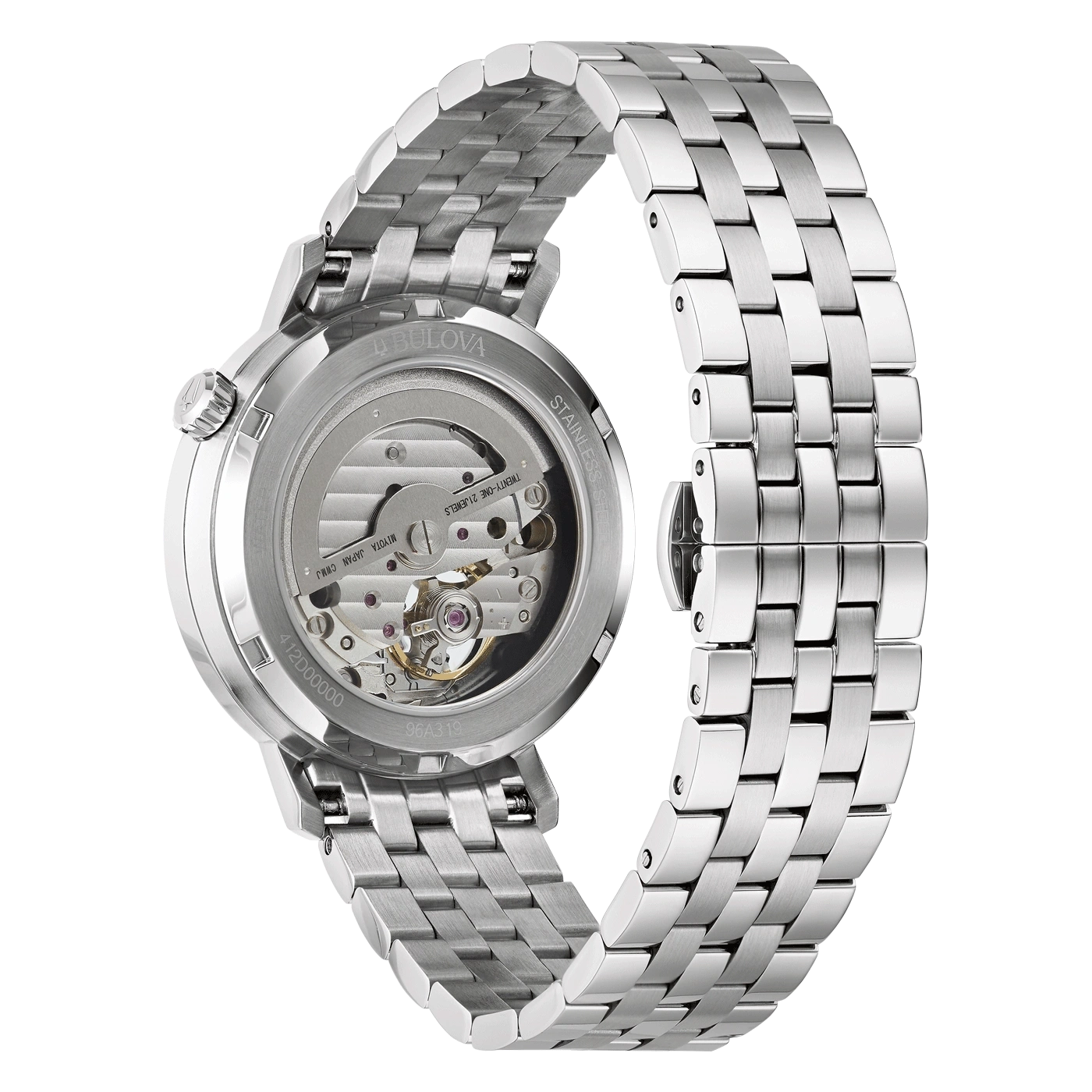Bulova horloge met transparante achterkant en roestvrijstalen band, uurwerk zichtbaar