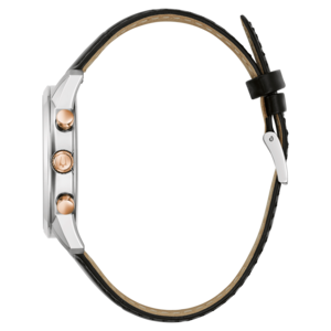 Horloge met zwart lederen band en zilveren kast, detailopname