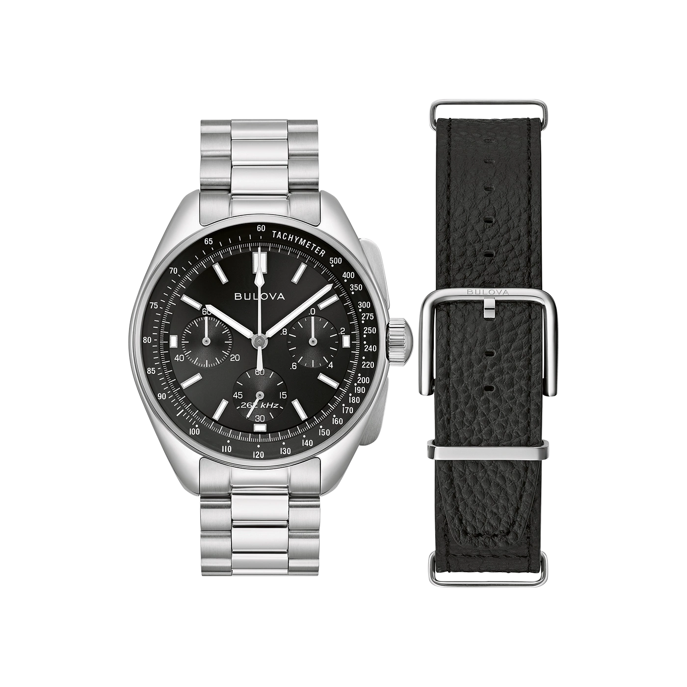 Bulova horloge met zwarte wijzerplaat en zilveren band, leren band ernaast.