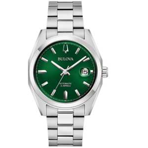 Bulova horloge met groene wijzerplaat en zilveren band, automatisch, 21 juwelen.