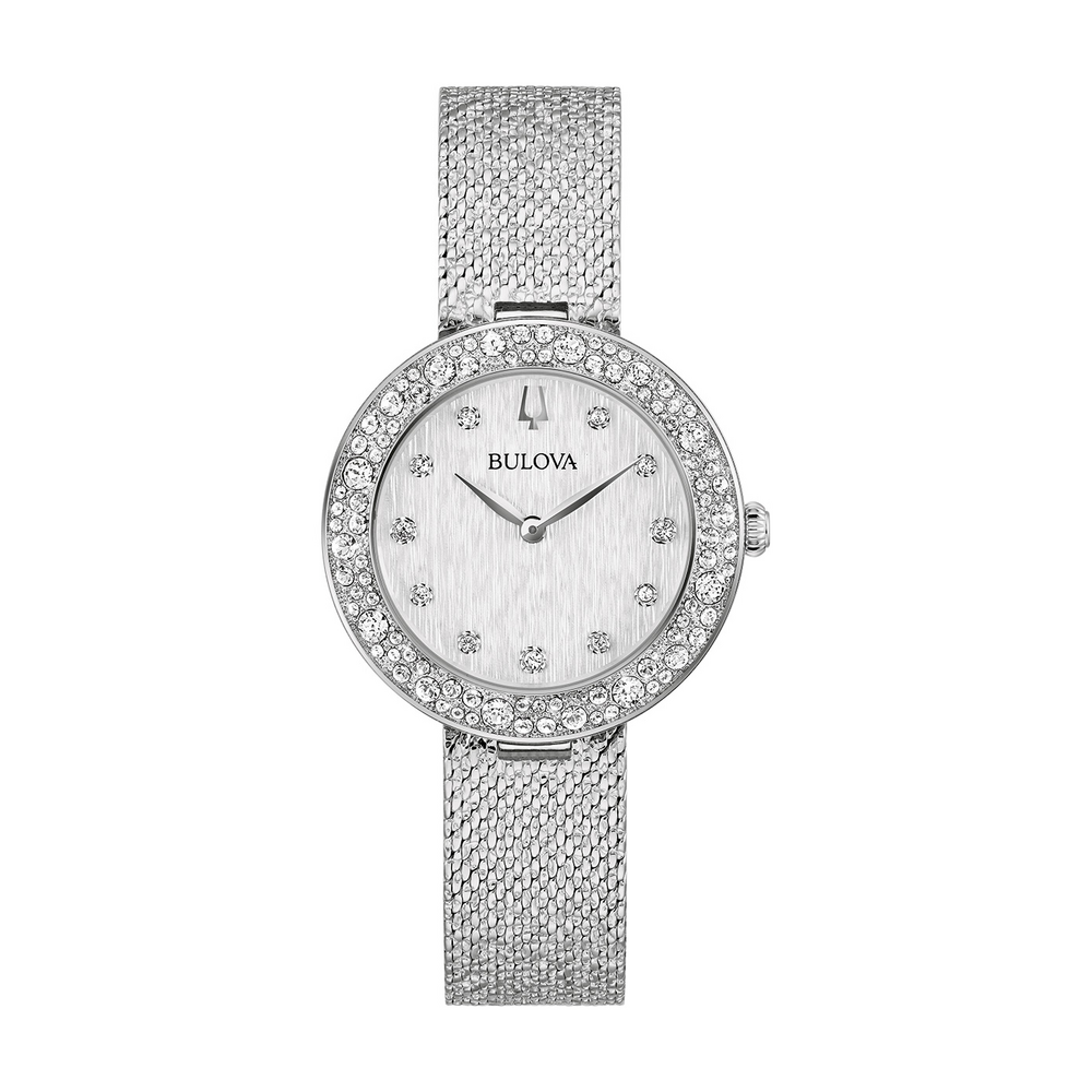 Zilveren Bulova horloge met diamanten en een witte wijzerplaat
