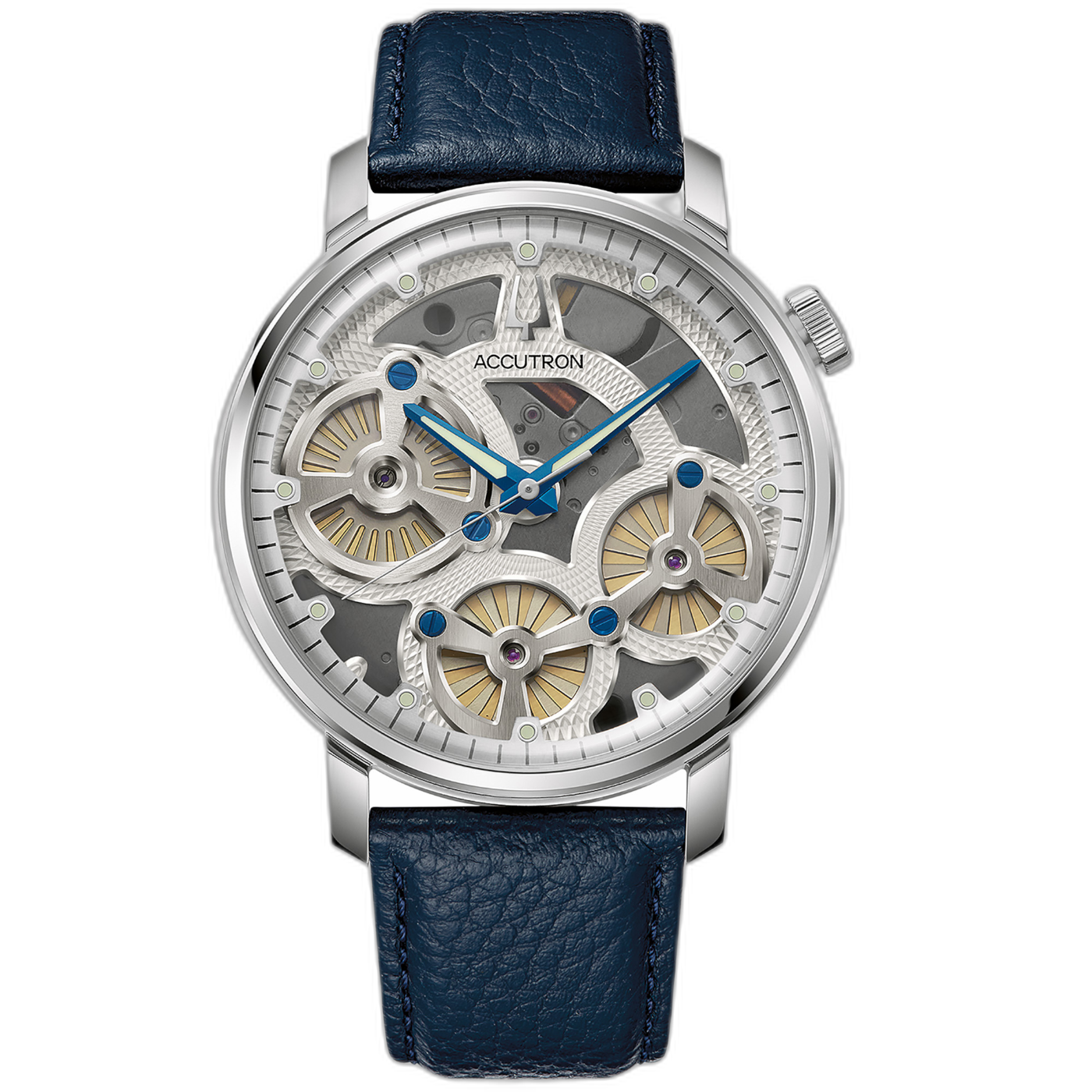 Accutron horloge met blauwe leren band en skeleton wijzerplaat