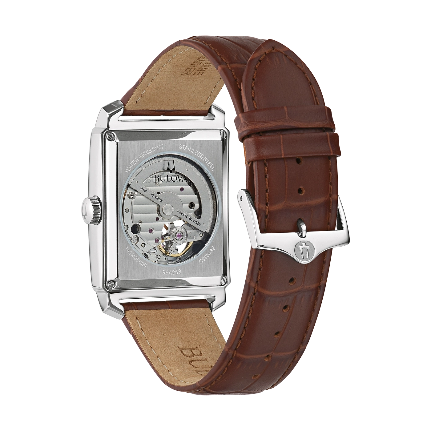 Bulova horloge, bruine leren band, roestvrij staal, waterdicht, mechanisch, transparant