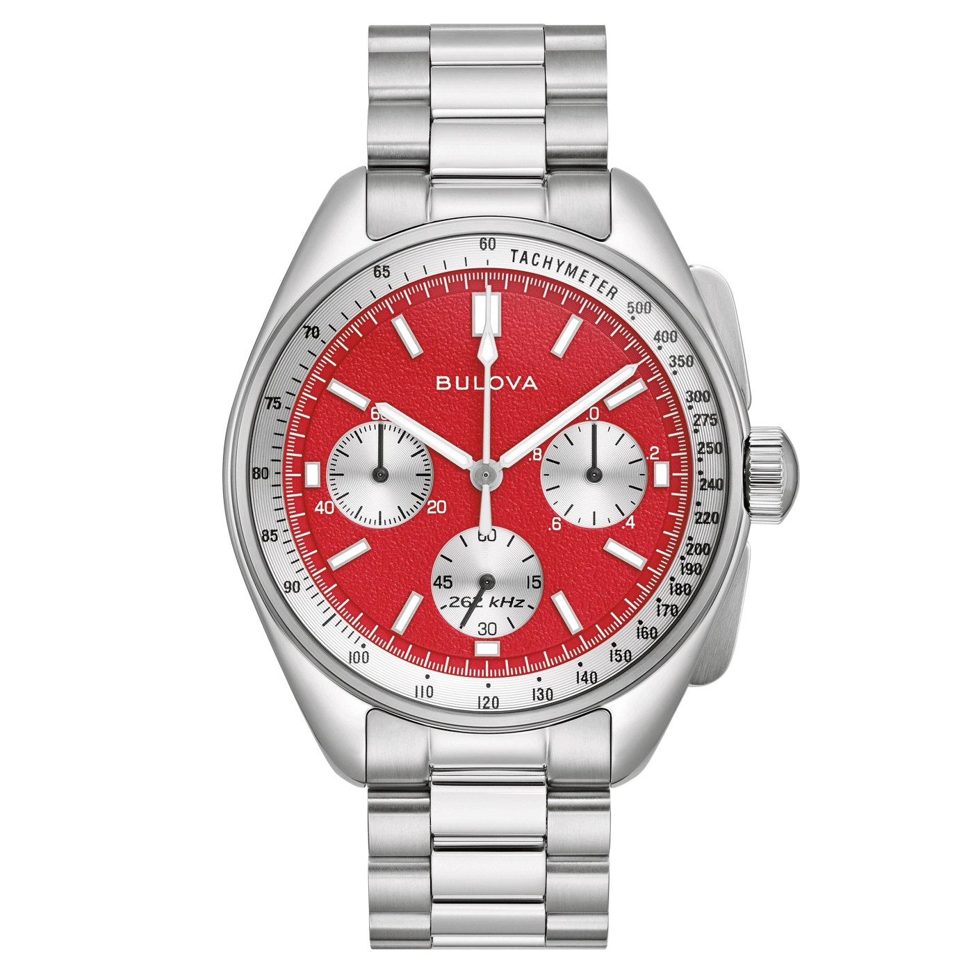 Bulova horloge met rode wijzerplaat en zilveren band, tachymeter functie, chronograaf.