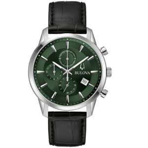 Bulova horloge met groene wijzerplaat en zwarte leren band.