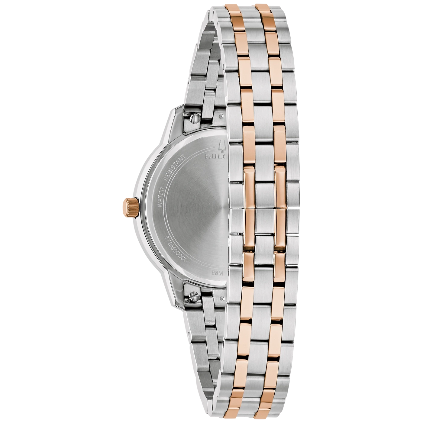 Achterkant van een tweekleurig Bulova-horloge met metalen band.