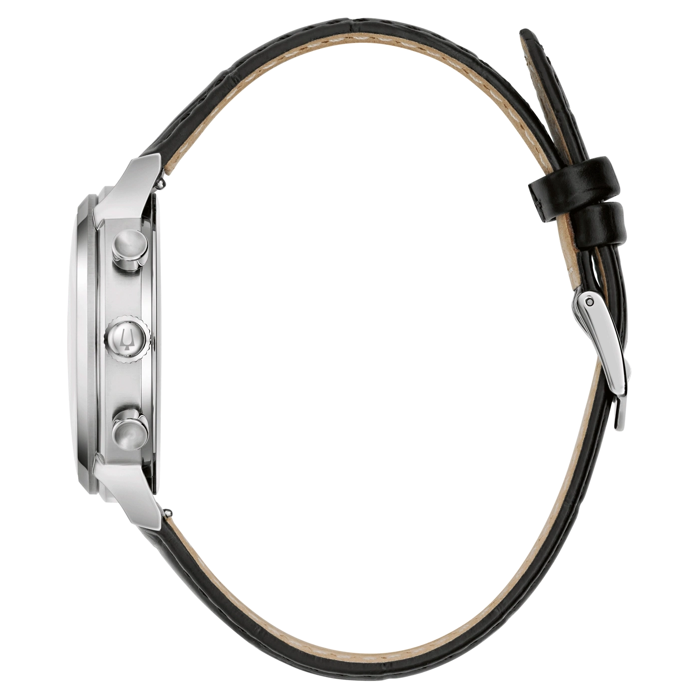 Horloge met zwart lederen band, zijaanzicht, zilveren kast, elegant ontwerp