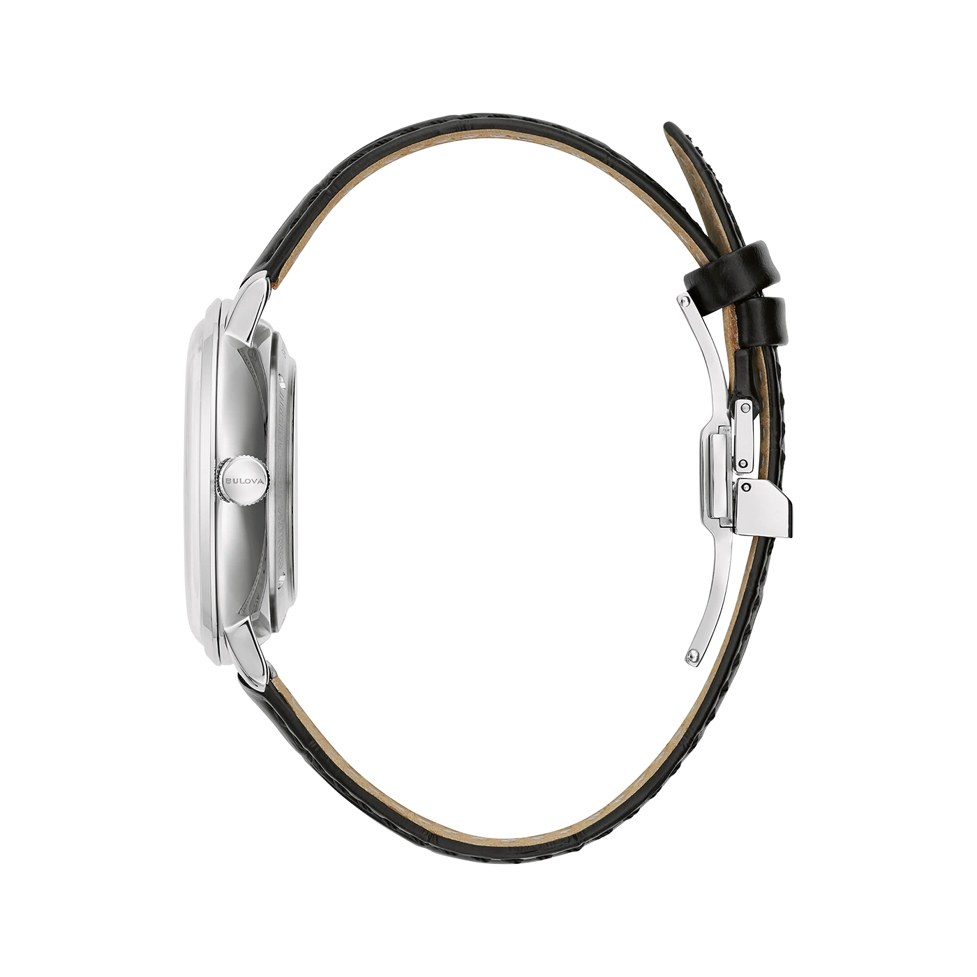 Bulova horloge, zilveren kast, zwart lederen band, detailopname, zijaanzicht, elegant