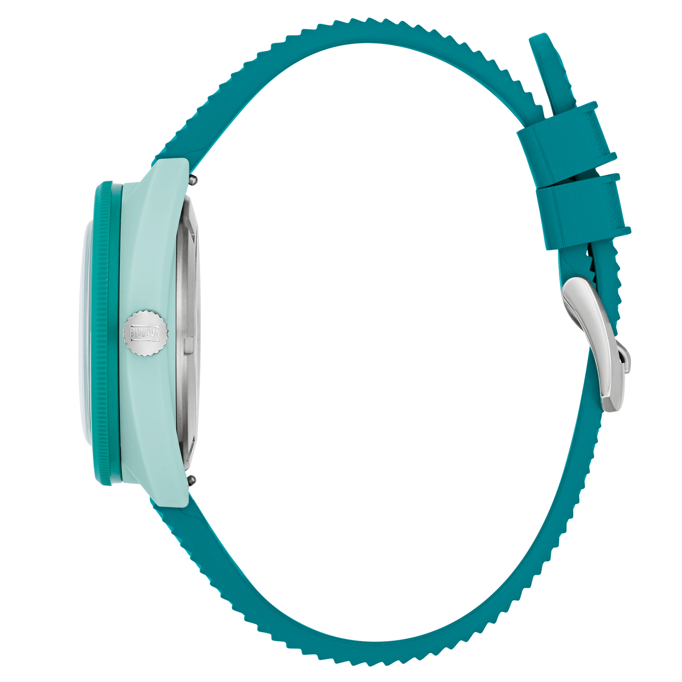 Turkoois horloge met groen bandje. Bulova-logo. Detailopname van het horloge.