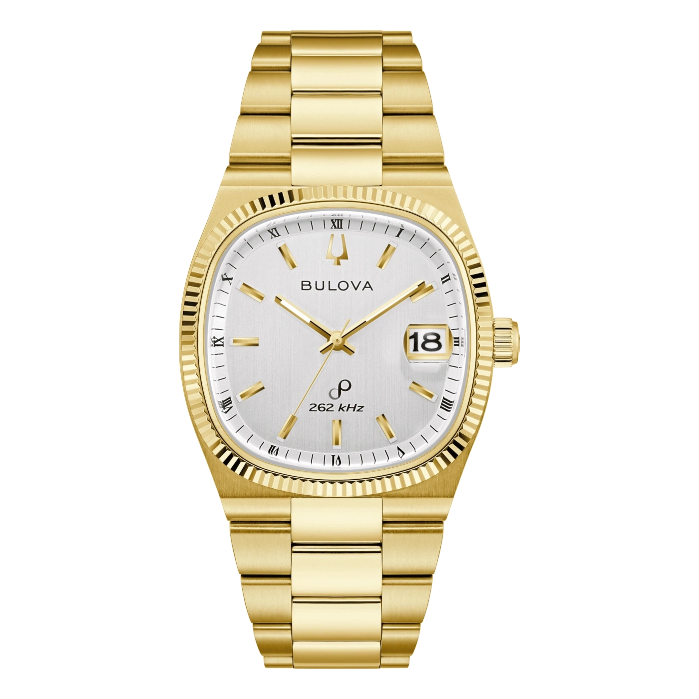 Gouden Bulova horloge met Romeinse cijfers en datumweergave op witte wijzerplaat.
