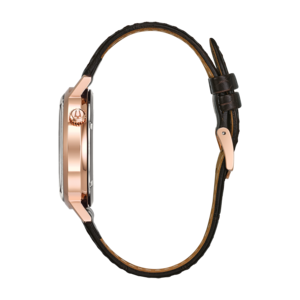 Rosegouden horloge met bruine leren band, zijaanzicht, detailopname