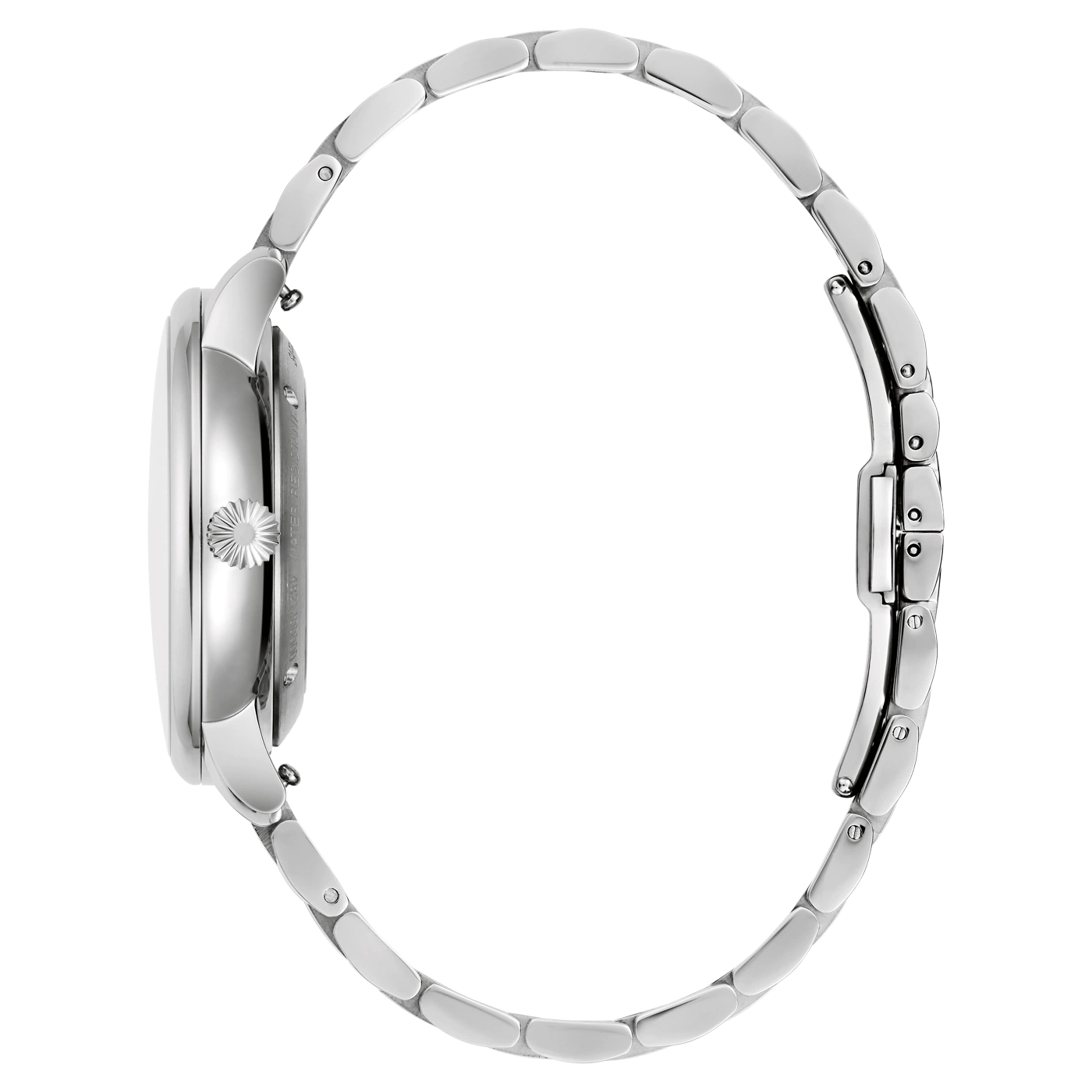 Zilveren horloge, zijzicht, ronde wijzerplaat, elegant ontwerp, accessoire, mode, polsband, tijd