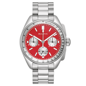 Bulova horloge met rode wijzerplaat en zilveren band, tachymeter functie, chronograaf.