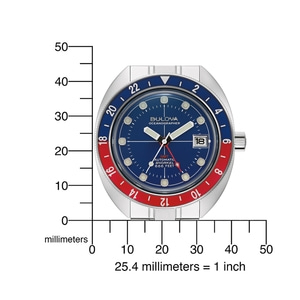 Bulova Oceanographer horloge, blauwe wijzerplaat, rode lunette, GMT, automatisch, 666 voet