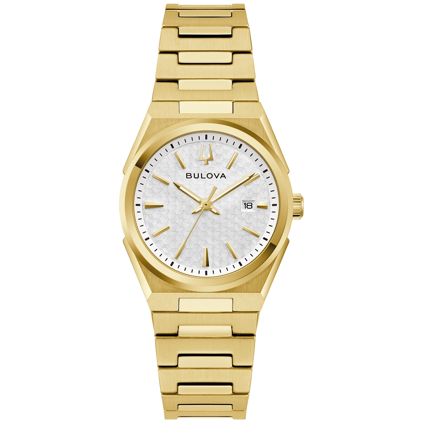 Gouden Bulova horloge met witte wijzerplaat en datumaanduiding.