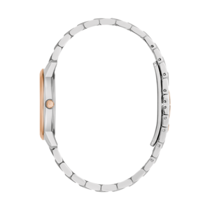 Horloge, zilveren band, roségouden wijzerplaat, zijaanzicht, elegant ontwerp, accessoire