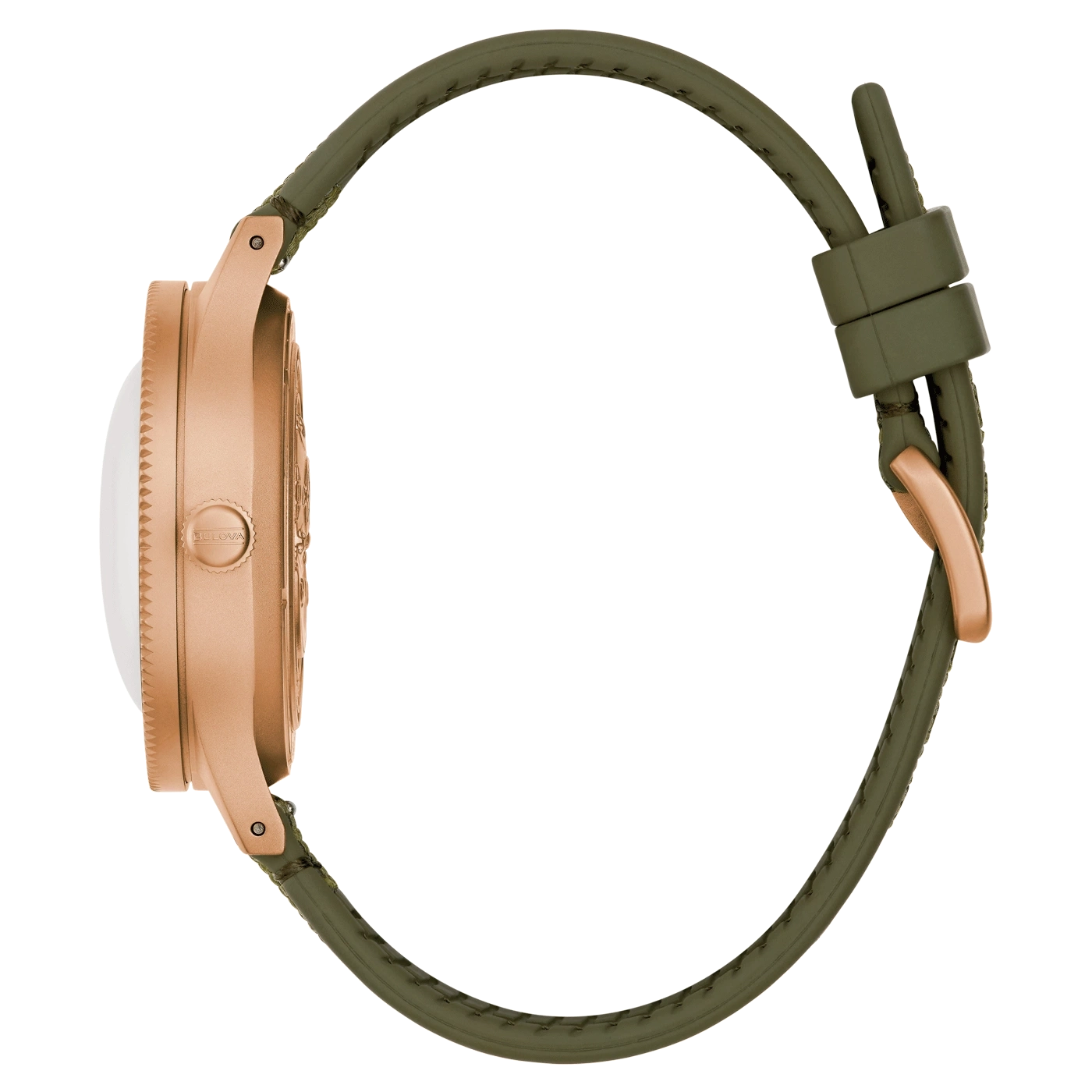Bulova horloge, roségouden kast, olijfgroene band, zijaanzicht, detailopname