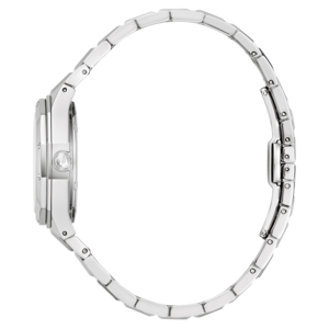 Zilveren horloge met armband, zijaanzicht, elegant ontwerp, accessoire, mode, sieraden, tijdmeting.