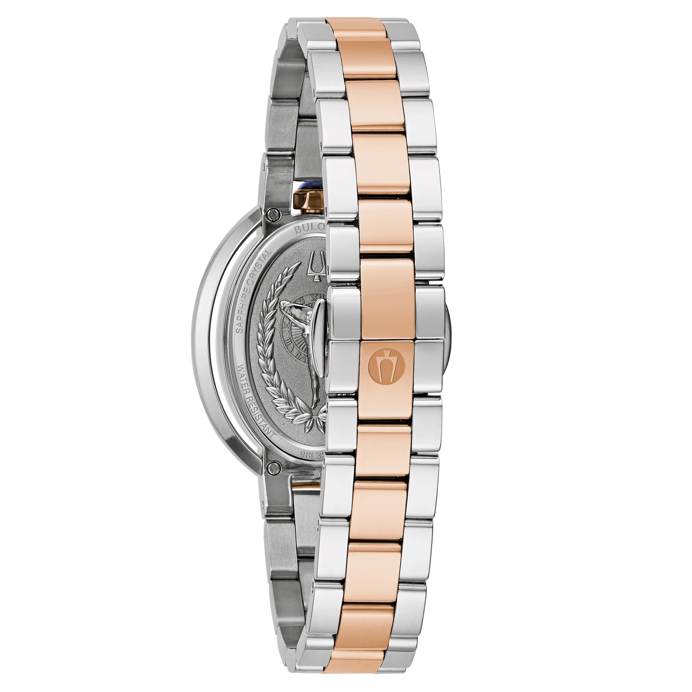 Horloge met zilveren en roségouden band, close-up, detailopname van de achterkant