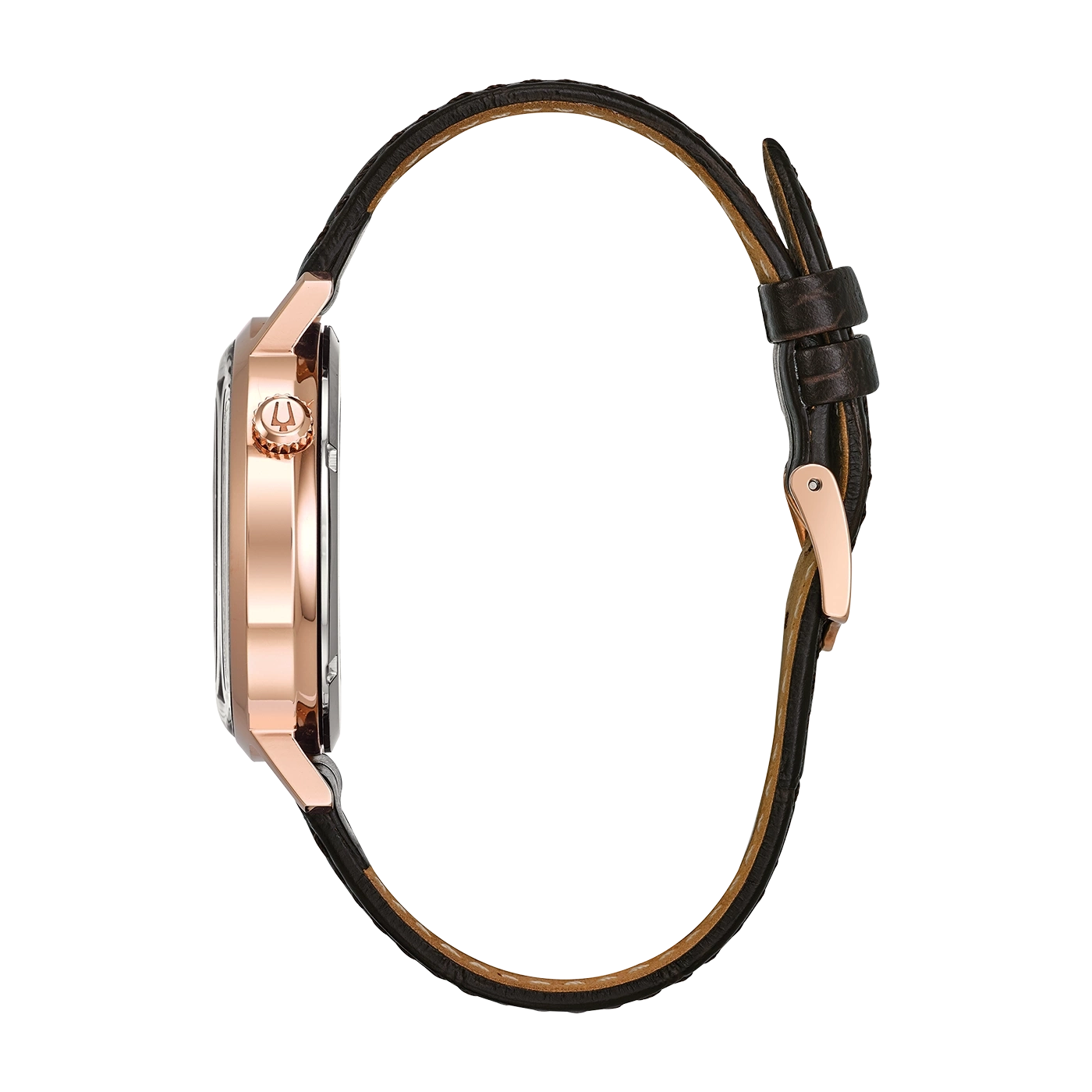 Rosegouden horloge met bruine leren band, zijaanzicht, detailopname