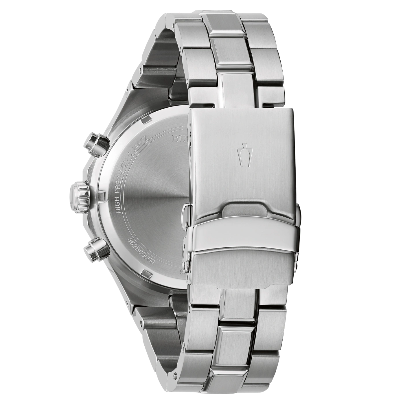 Zilveren horloge met roestvrijstalen band, close-up van de achterkant