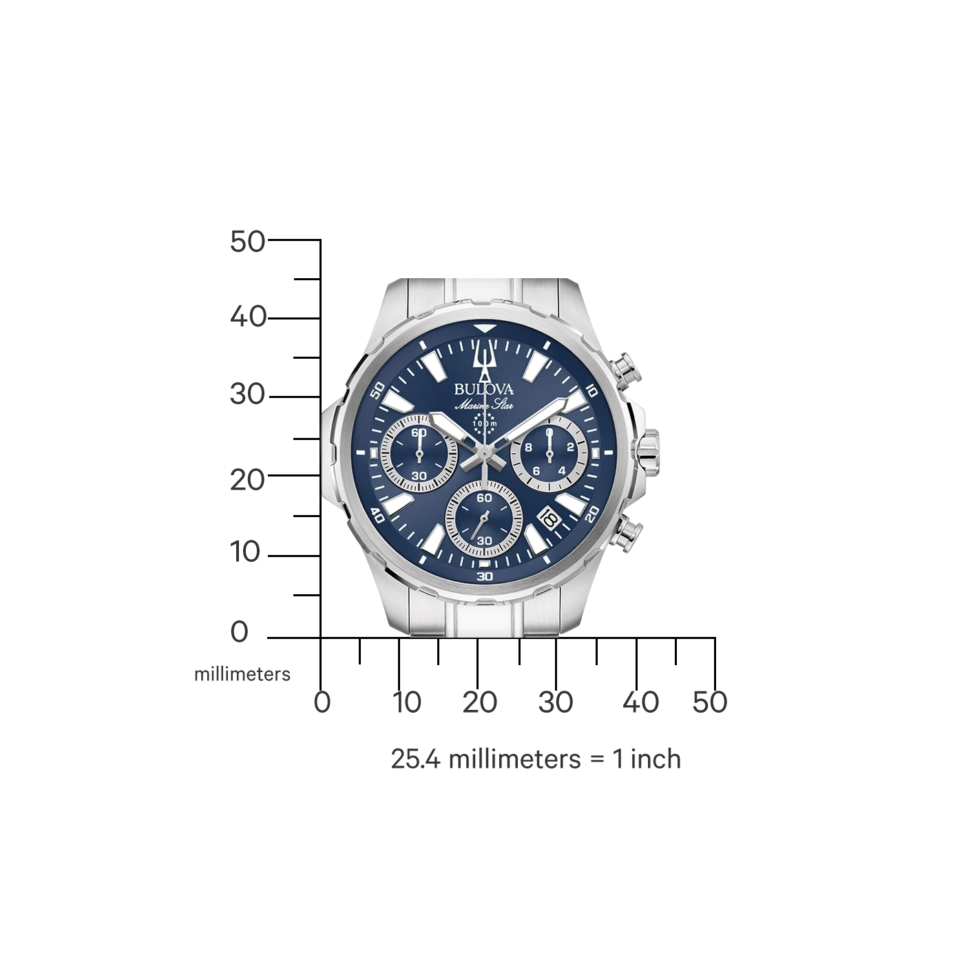 Bulova Marine Star horloge met blauw oppervlak en meetschaal in millimeters.