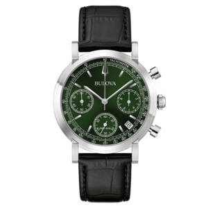 Bulova horloge met groene wijzerplaat en zwarte leren band
