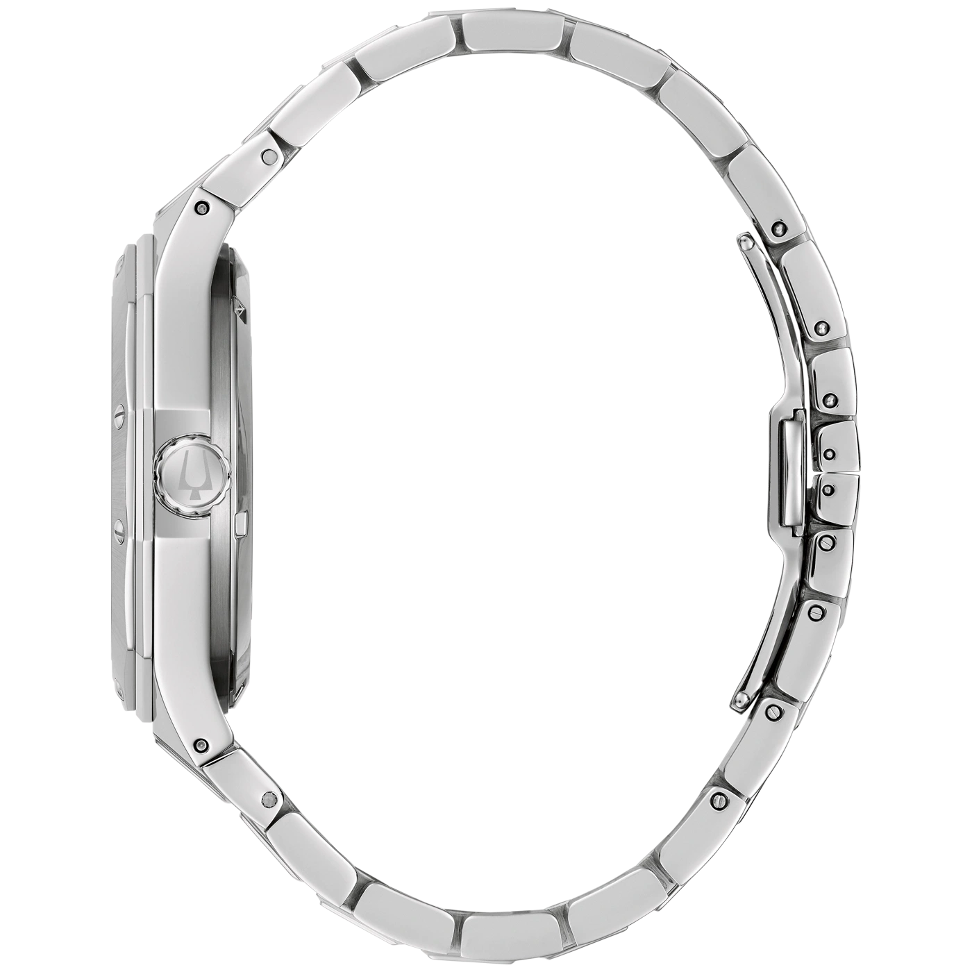 Een zilveren horloge met een schakelband, van opzij gezien.