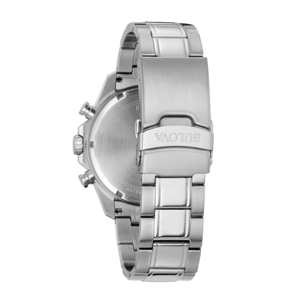 Bulova horloge, roestvrijstalen band, zilver, detailopname, close-up, achterkant