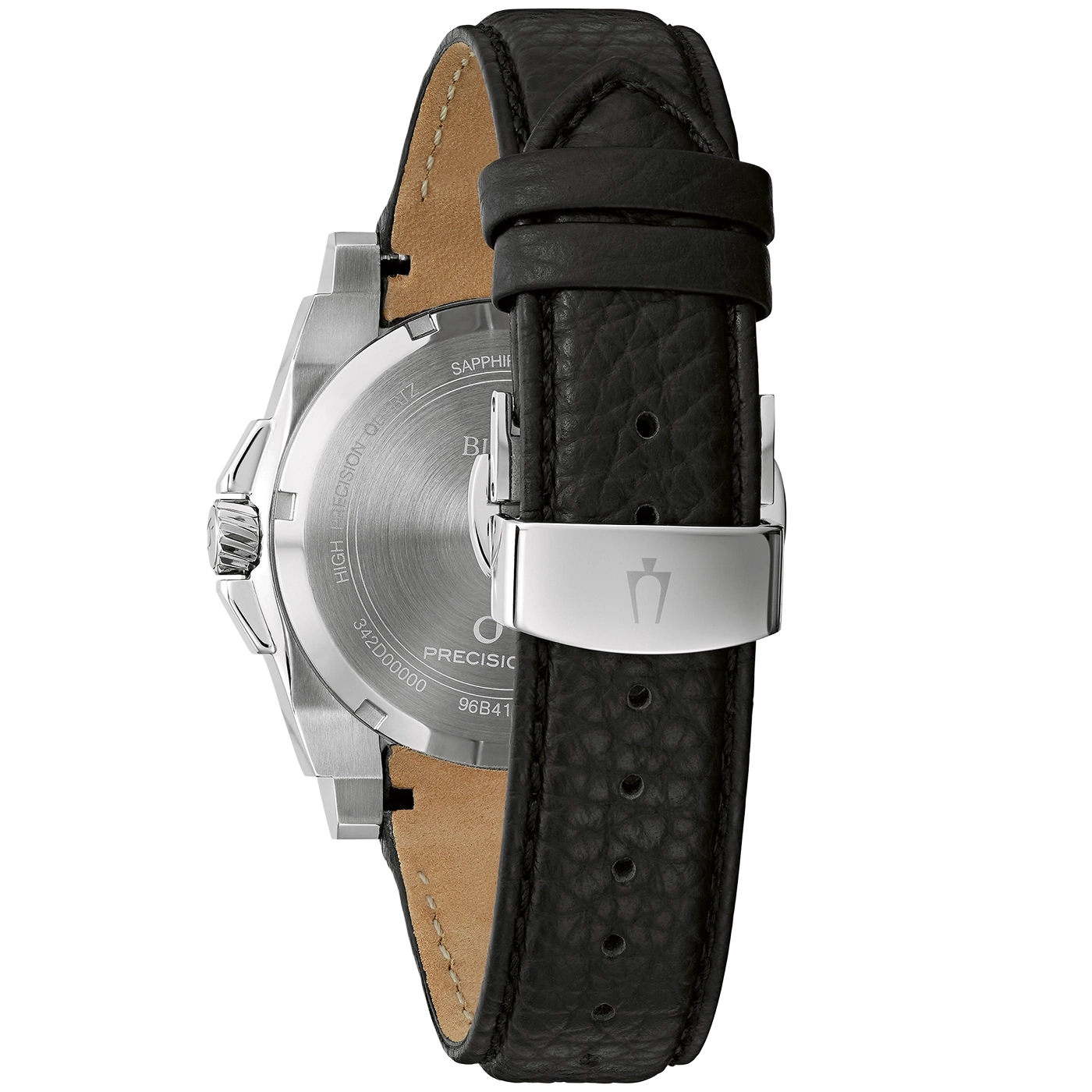Horloge met zwart lederen band en zilveren kast, close-up