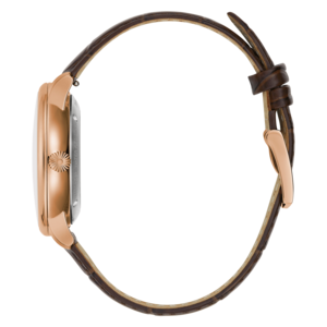 Horloge met bruine leren band en roségouden kast, detailopname