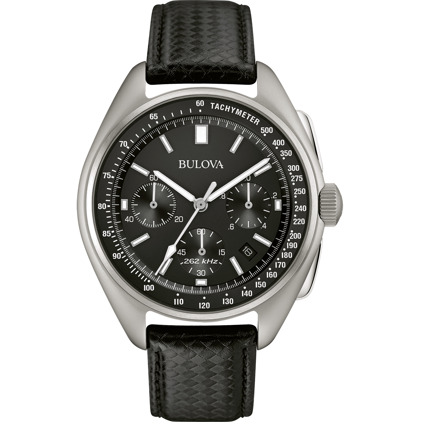 Bulova horloge met zwarte wijzerplaat en leren band, tachymeter functie.