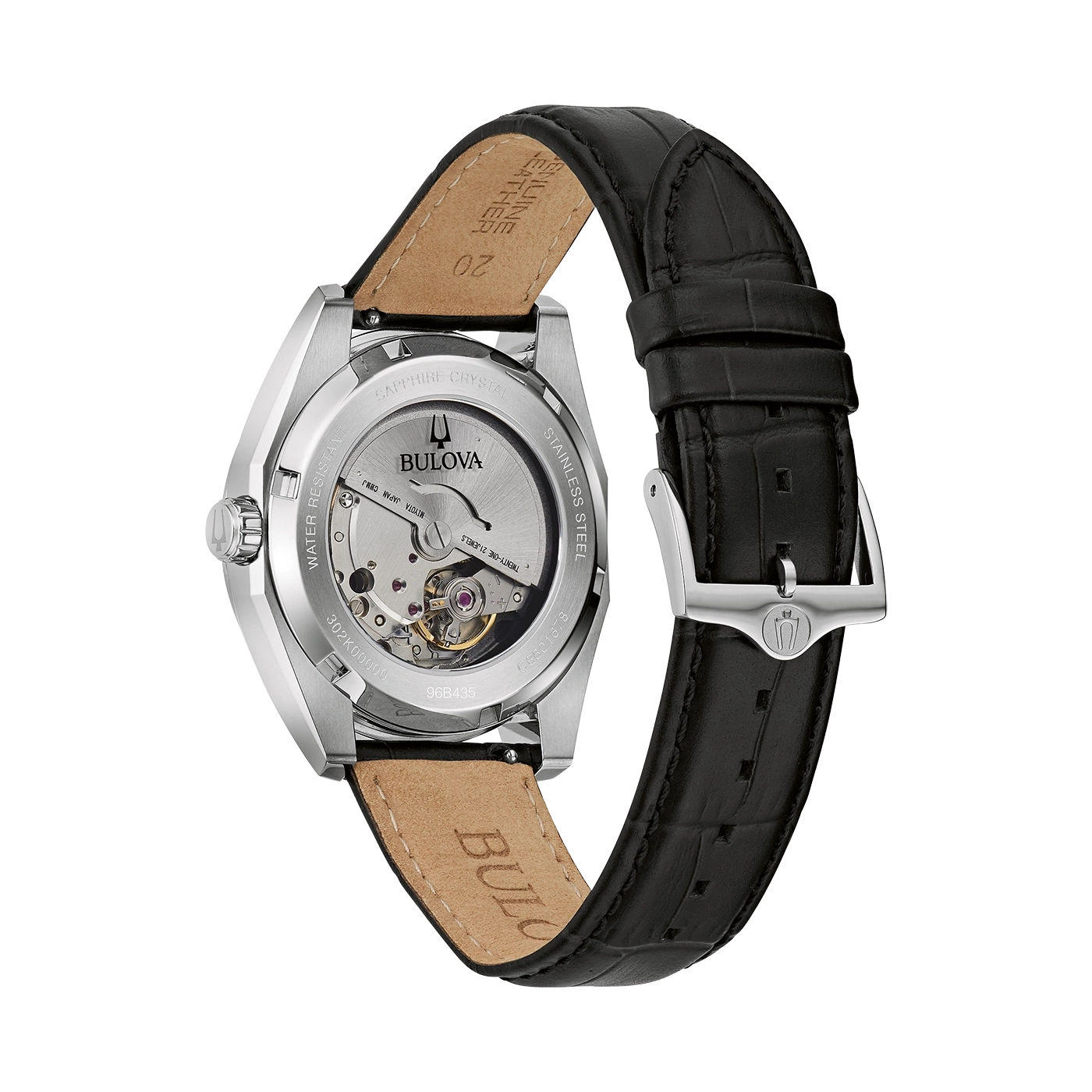 Bulova horloge met leren band, saffierglas, roestvrij staal, waterbestendig, 21 juwelen.