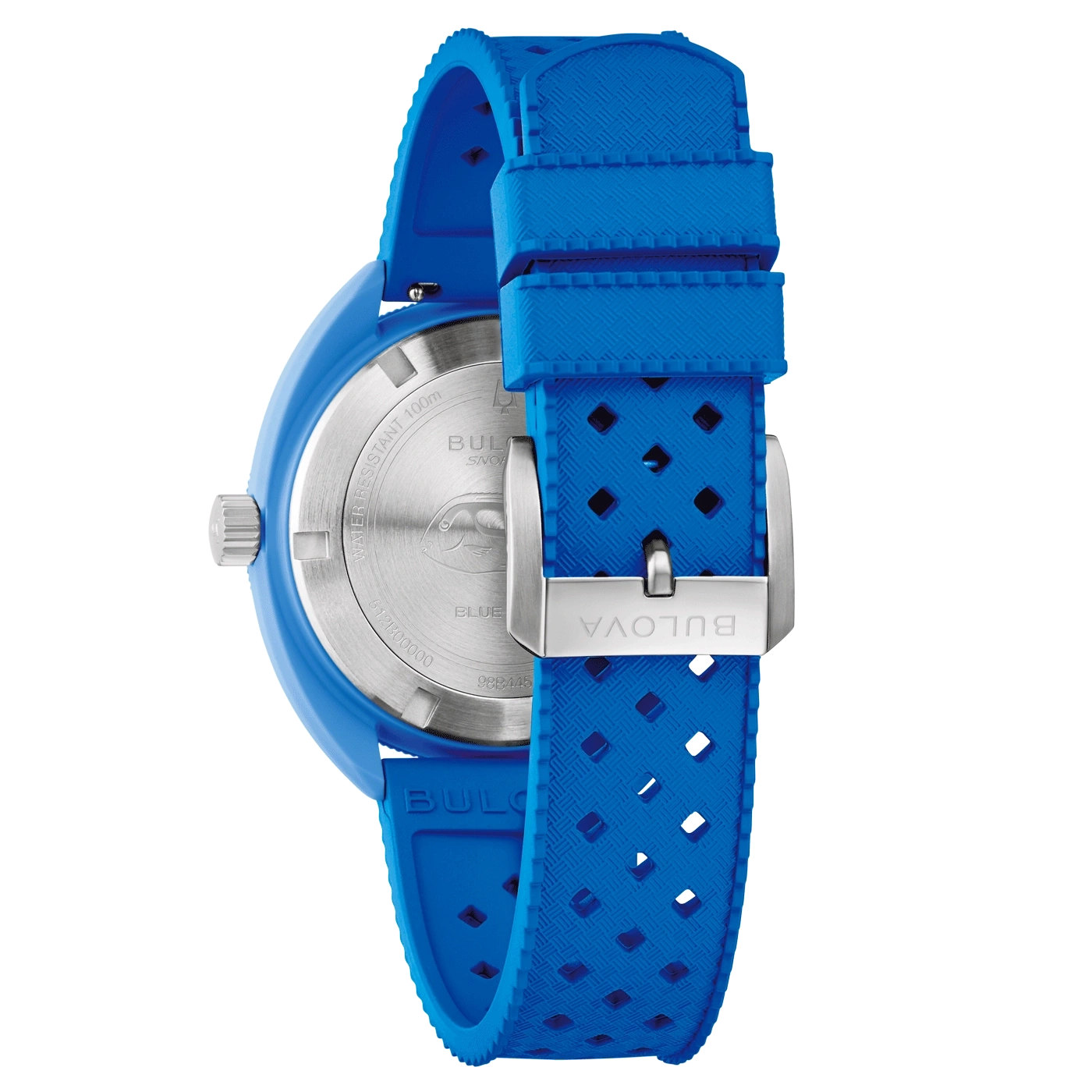 Blauw Bulova-horloge met blauwe band en zilveren gesp, close-up.