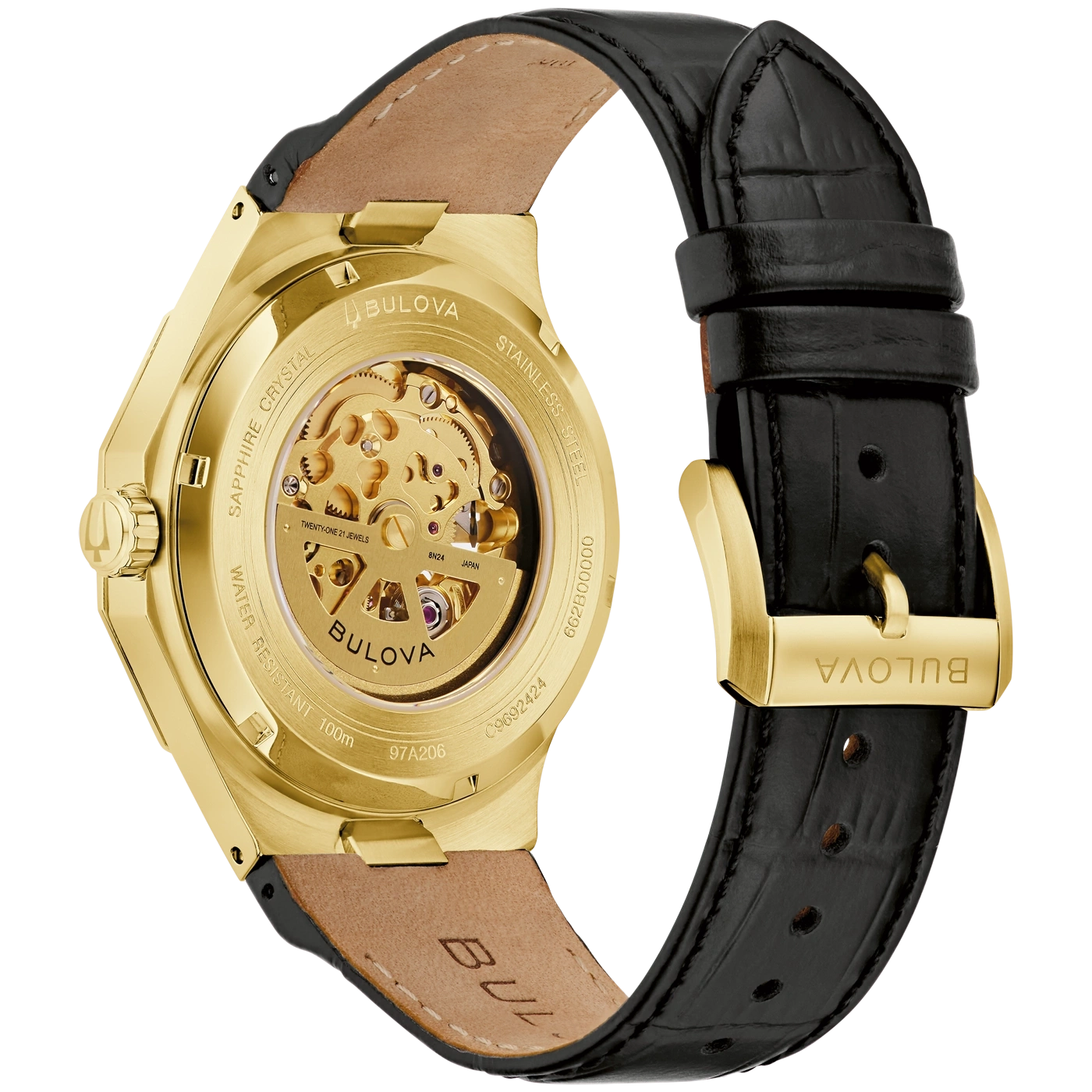Een gouden Bulova automatische horloge met een zwarte leren band, kastdeksel met zicht op het uurwerk.