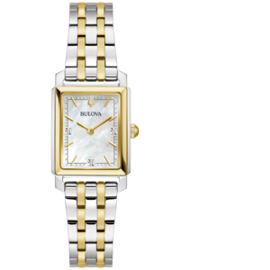 Bulova dameshorloge, rechthoekige wijzerplaat, goudkleurig, zilverkleurige band, sieraden