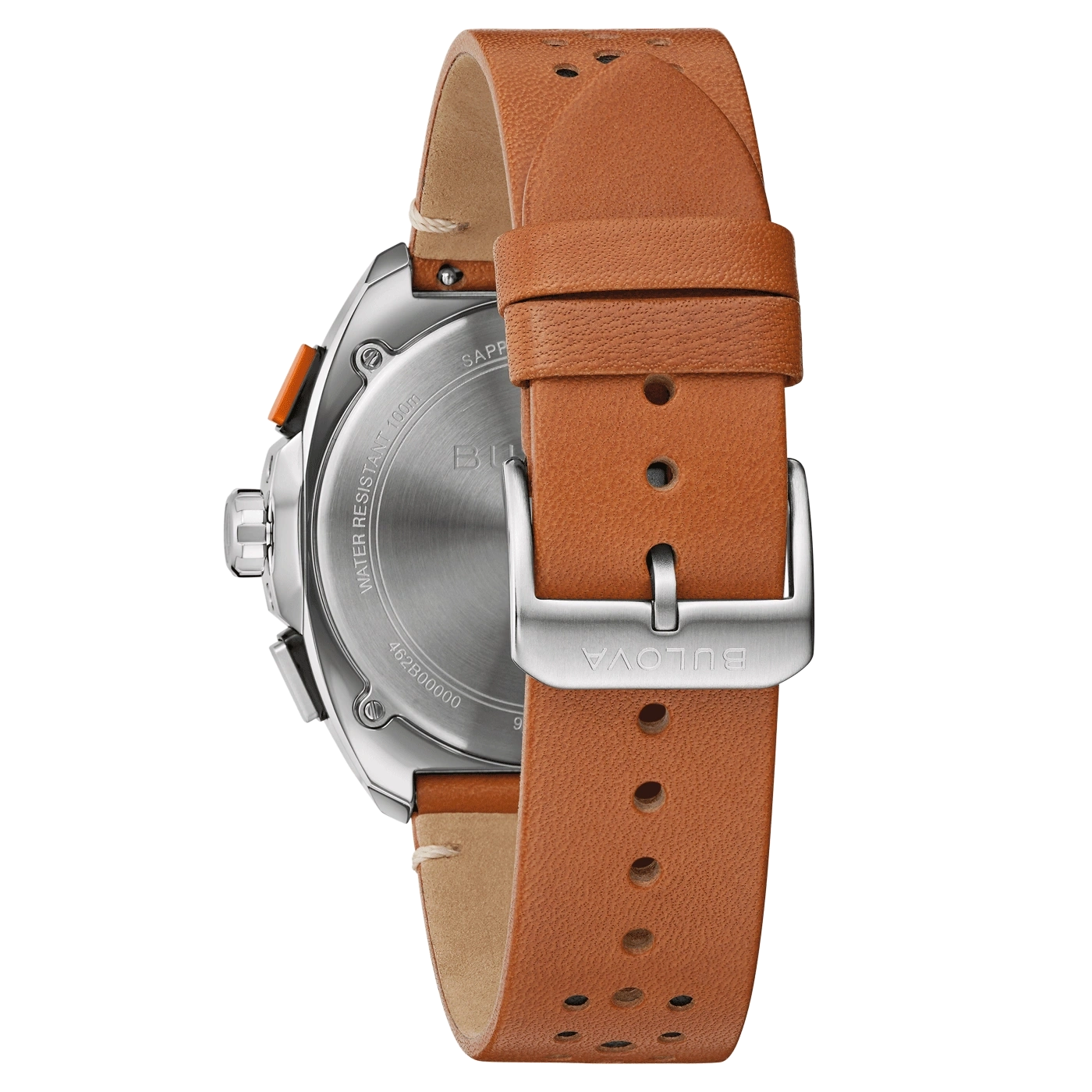 Achterkant van een bruin lederen horloge met zilveren kast en Bulova-logo.
