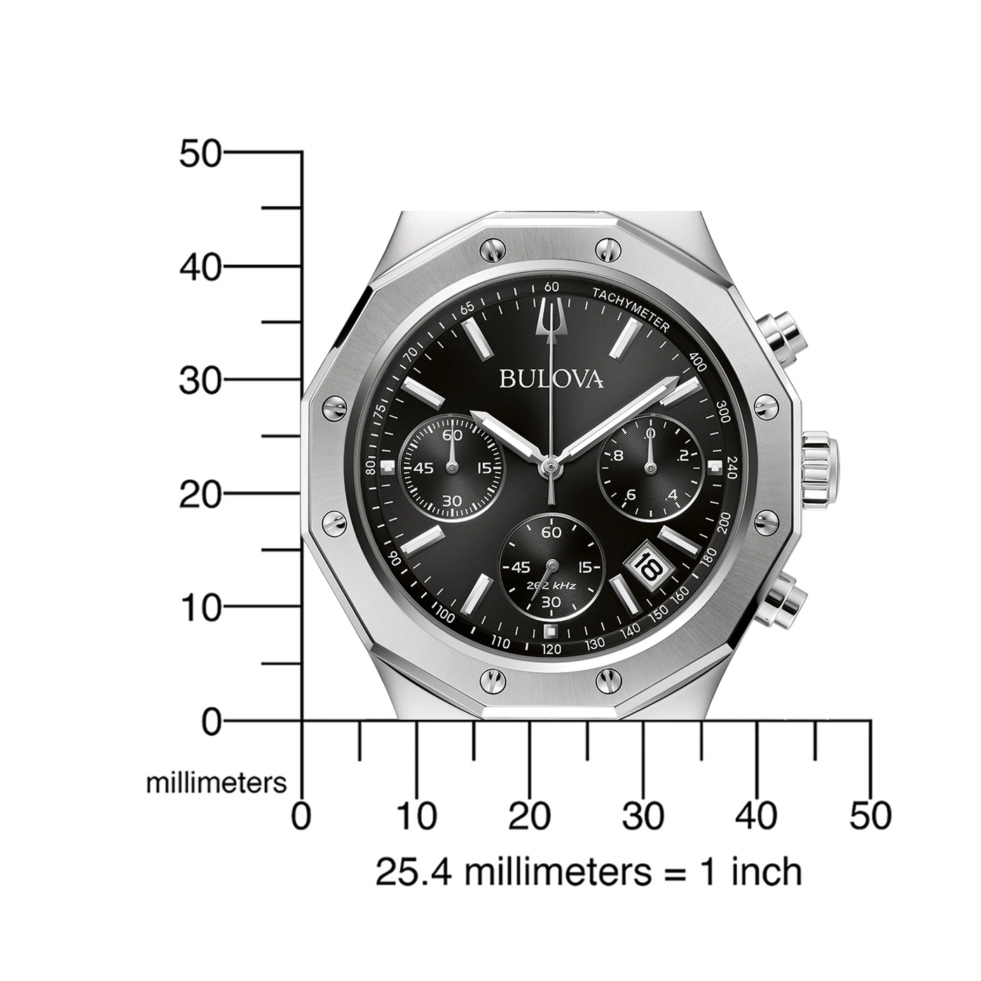 Horloge met tachymeter en Bulova-logo, met millimeterschaal voor maatbepaling.