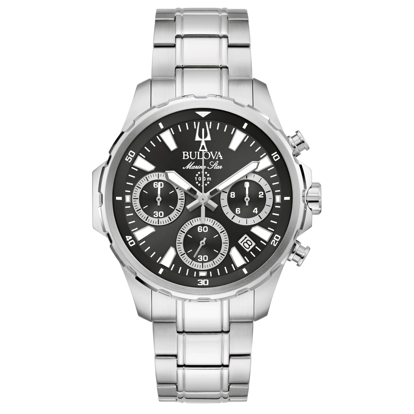 Bulova Marine Star horloge, zilveren band, zwarte wijzerplaat, chronograaf, waterdicht 100m.
