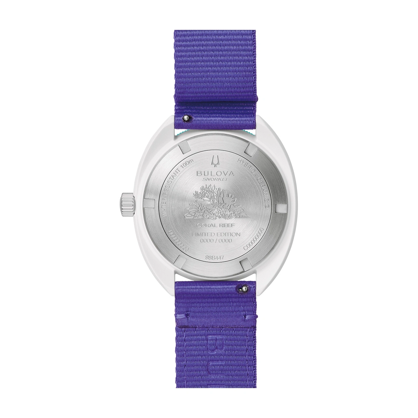 Bulova Snorkel horloge, achterkant, paarse band, Coral Reef, Limited Edition.