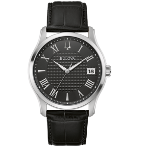 Bulova herenhorloge met zwarte wijzerplaat en leren band, stijlvol design.