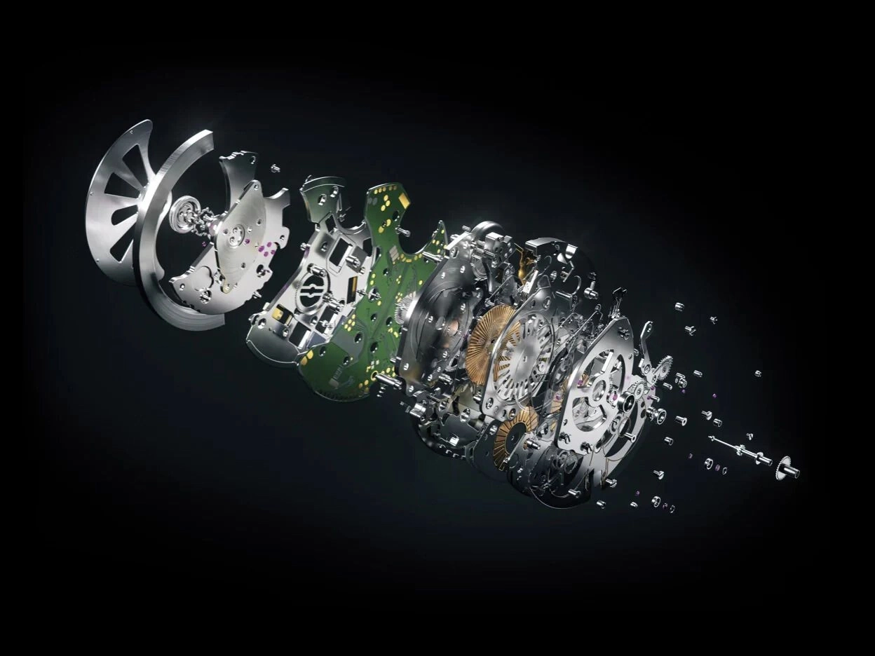 Ontplofte weergave van een horloge dat zijn complexe mechanismen toont.
