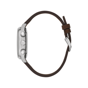 Bulova horloge, bruine leren band, zilveren kast, zijaanzicht, detailopname