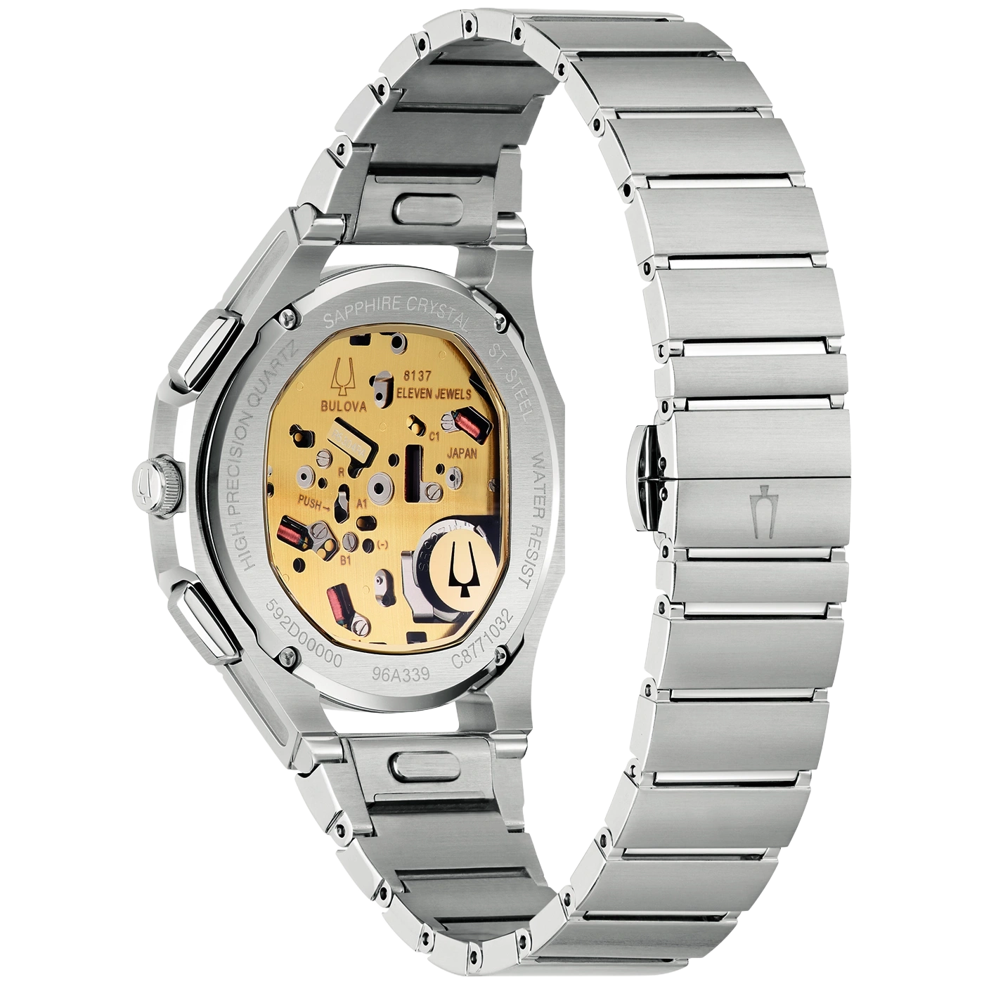 Achterkant van een Bulova precisiekwartshorloge van roestvrij staal met zichtbaar uurwerk.