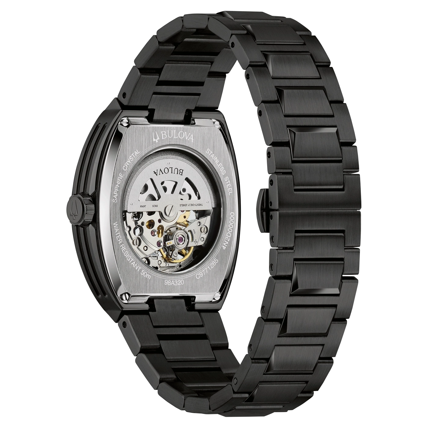 Zwarte Bulova horloge met saffierglas en roestvrijstalen kast, waterdicht tot 50m.