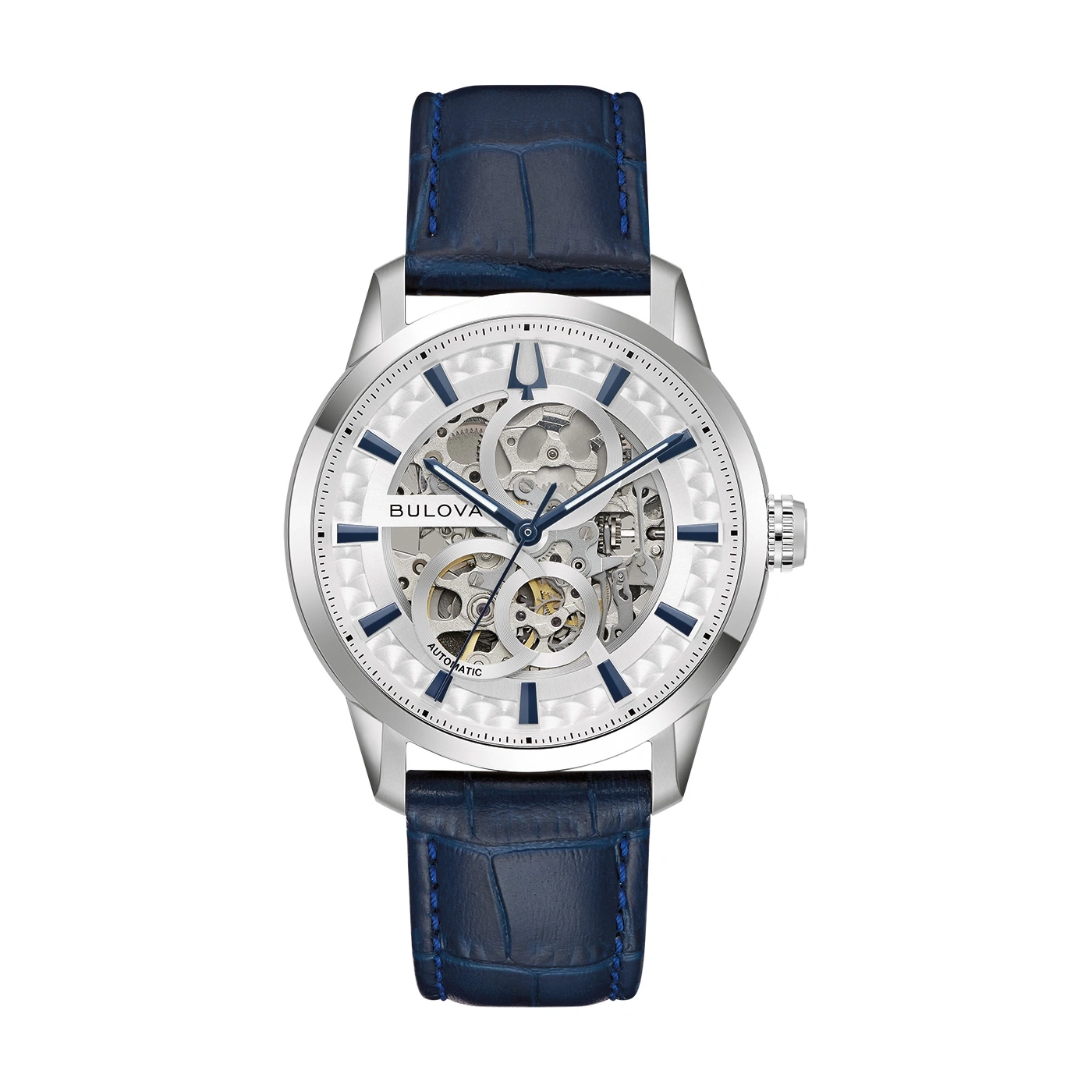 Bulova herenhorloge met blauwe leren band en skelet wijzerplaat